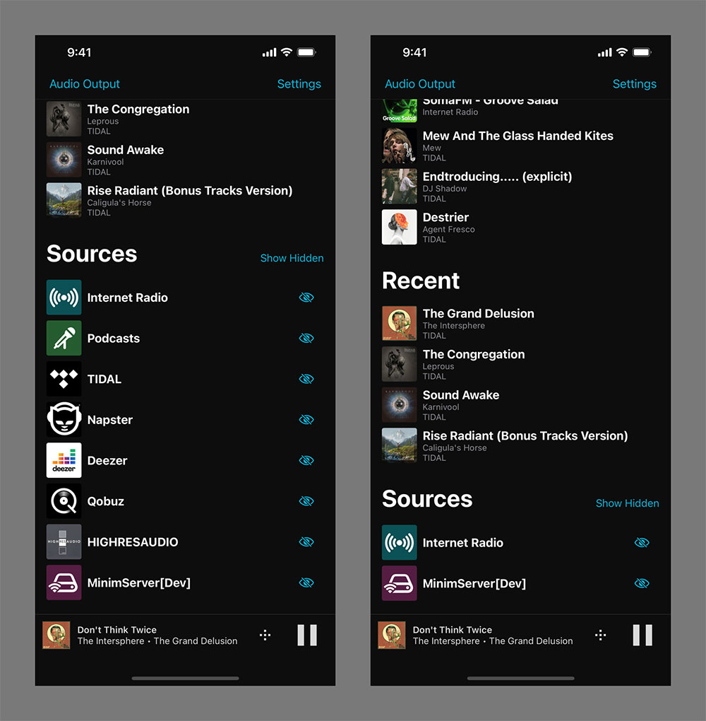 Left: home screen showing all available sources, right: filtered source list.